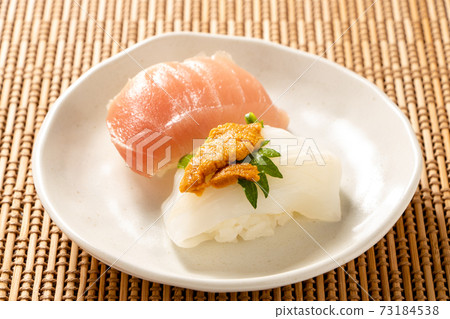 Nigiri sushi on a small plate. Nigiri sushi on a small plate. 73184538