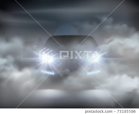 Car Lights Realistic In Fog Composition Car Lights Realistic In Fog Composition 73185586