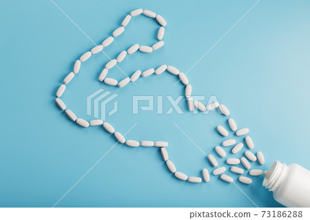 Vitamins from a white jar in the form of a biceps muscle on a blue background. Vitamins from a white jar in the form of a biceps muscle on a blue background. 73186288