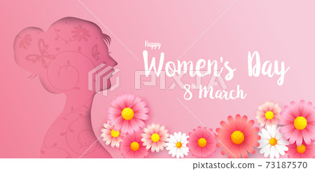 Happy women day 8 march text calligraphy with woman shape paper cut 001 73187570