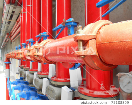 SERDANG, MALAYSIA -JULY 27, 2017: Alarm valve system. It was part of the building fire fighting system which is control and supply water to the sprinkler. SERDANG, MALAYSIA -JULY 27, 2017: Alarm valve system. It was part of the building fire fighting system which is control and supply water to the sprinkler. 73188809