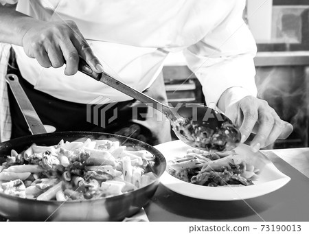 Chef preparing food in the kitchen, chef cooking, closeup Chef preparing food in the kitchen, chef cooking, closeup 73190013