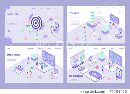 Set of landing pages of car dealership, startup, online broker, targeting. Advertising products, auto stands or services at exhibition. 3D isometric concept illustration for flyer Set of landing pages of car dealership, startup, online broker, targeting. Advertising products, auto stands or services at exhibition. 3D isometric concept illustration for flyer 73191430