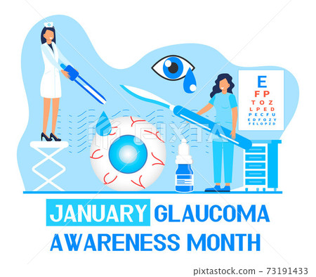 Glaucoma Awareness Month is celebrated in USA in January. Lenticular opacity diagnosis. Ophthalmologist eyesight check up with tiny people character. Optometric healthcare vector 73191433
