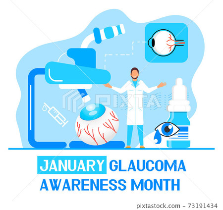 Glaucoma Awareness Month is celebrated in USA in January. Lenticular opacity diagnosis. Ophthalmologist eyesight check up with tiny people character. Optometric healthcare vector 73191434