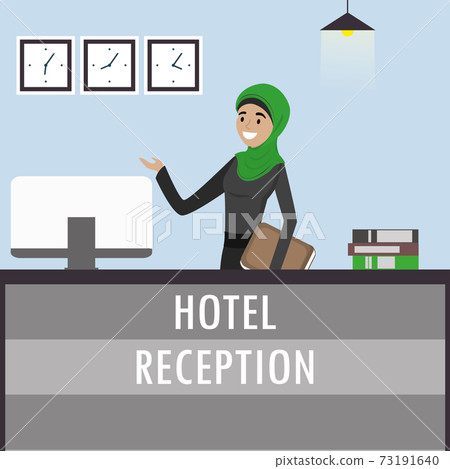 Young arabic woman receptionist stands at reception desk. Young arabic woman receptionist stands at reception desk. 73191640