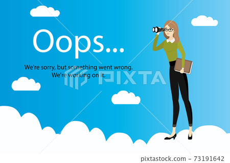 Oops error page and Business woman with binoculars on clouds Oops error page and Business woman with binoculars on clouds 73191642