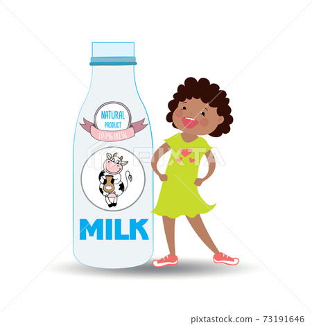 A bottle of milk and cow's label and smiley cute girl A bottle of milk and cow's label and smiley cute girl 73191646