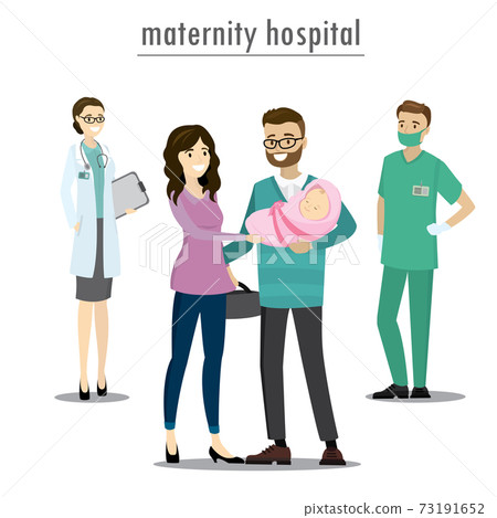 Young family couple with newborn baby,Doctor and nurse Young family couple with newborn baby,Doctor and nurse 73191652
