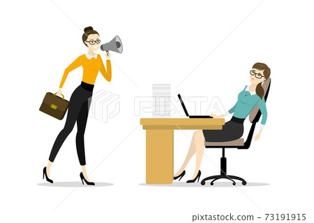 Business woman boss screams into a megaphone by a tired office w 73191915