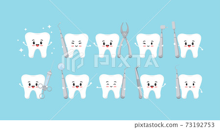 Cute strong tooth molar and teeth with dental tools icons set Cute strong tooth molar and teeth with dental tools icons set 73192753