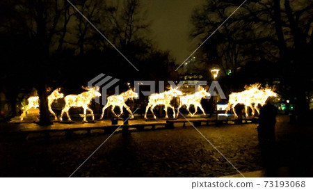 Luminous moose trotting at night on the street in Scandinavia in digital painting style 73193068