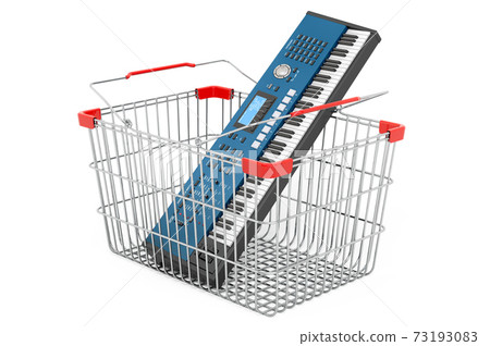 Shopping basket with synthesizer, electronic piano. 3D rendering Shopping basket with synthesizer, electronic piano. 3D rendering 73193083
