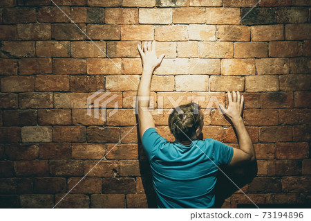 Rear view man under life crisis problems stand facing brown brick wall, hands raised up on wall, wants to climb, overcome obstacle, reach a goal, leader, motivation. Looking up right 73194896