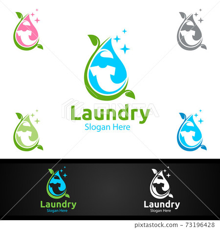 Eco Laundry Dry Cleaners Logo with Clothes, Water and Washing Concept 73196428