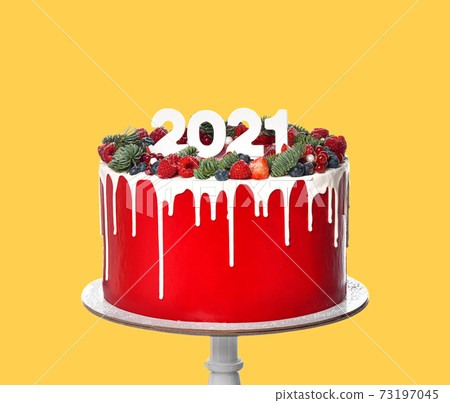 Happy New Year Eve 2021 red cake with white 73197045