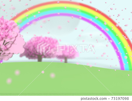 Spring cherry blossoms bloom, a rainbow of hope hangs behind 73197098