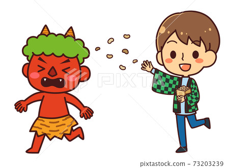 Illustration of a boy wearing a checkered hanten and sowing beans Illustration of a boy wearing a checkered hanten and sowing beans 73203239