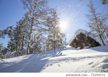 白雪覆蓋的小屋，在晴朗的一天 73204531