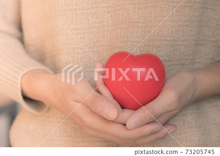closeup woman in winter dress holding heart closeup woman in winter dress holding heart 73205745