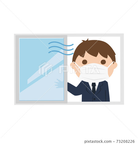 Illustration of a male student wearing a mask. A boy who opens the window and ventilates. Illustration of a male student wearing a mask. A boy who opens the window and ventilates. 73208226