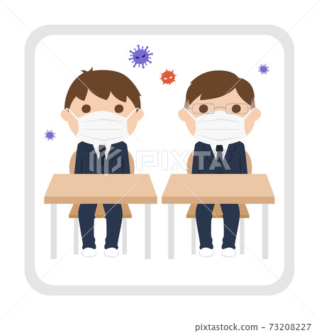Illustration of a male student wearing a mask. Boys sitting nearby in an enclosed space. Illustration of a male student wearing a mask. Boys sitting nearby in an enclosed space. 73208227