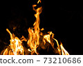 Fire flames on a black background. Abstract fiery texture. Realistic fire flames burn movement frame. Texture for Design. The texture of fire. Fire flames background. Blazing campfire. Sensitive 73210686