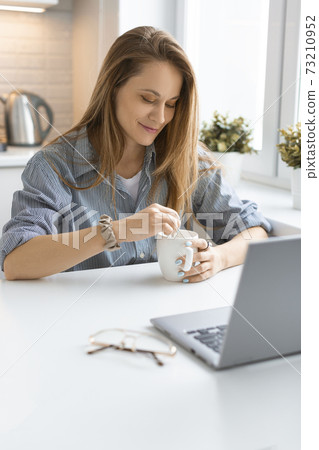 Vertical photo of a caucasian woman during an online conversation. 73210952