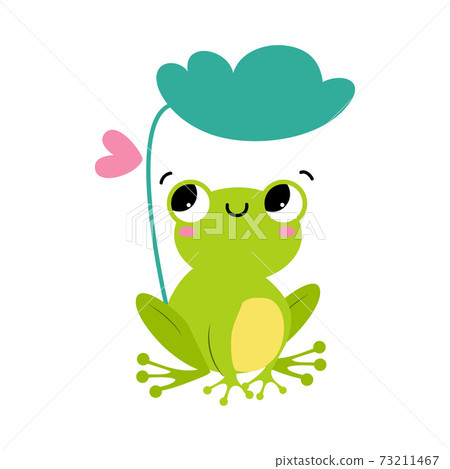Funny Green Frog with Protruding Eyes Sitting Under Leaf Vector Illustration Funny Green Frog with Protruding Eyes Sitting Under Leaf Vector Illustration 73211467
