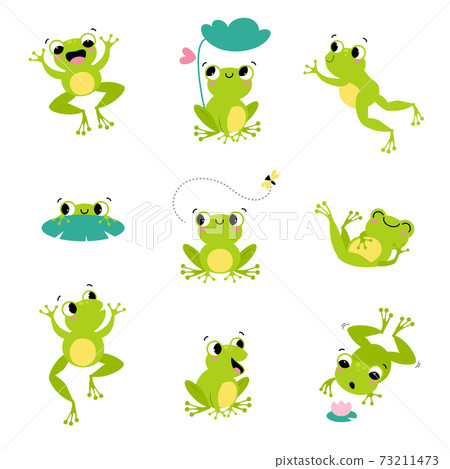 Cute Green Frog Smiling, Jumping, and Croaking Vector Set Cute Green Frog Smiling, Jumping, and Croaking Vector Set 73211473