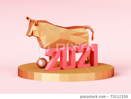 Low poly Metallic Bull on a stand with the number 2021, a symbol of the new year, 3d render 73212108