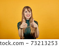 Showing thumbs up, like sign Positive something good happened finger gesture 73213253
