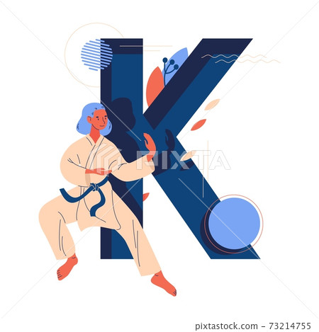 Large letter K and young woman in kimono training karate. Vector sport and martial arts character isolated on white 73214755