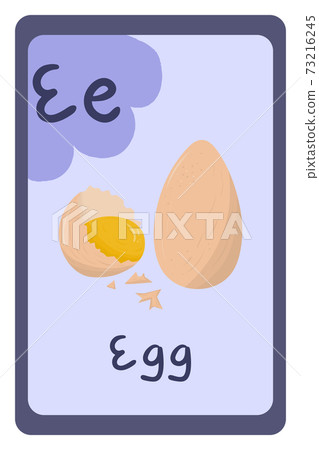 Alphabet food educational card on violet background, Letter E - egg. 73216245