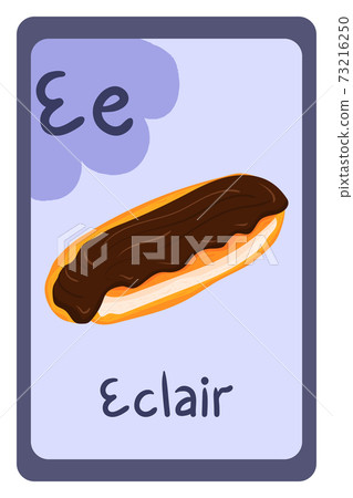 Alphabet food educational card on violet background, Letter E - eclair. 73216250