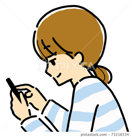 Illustration of a young woman with a tohoho face holding a smartphone Illustration of a young woman with a tohoho face holding a smartphone 73216534