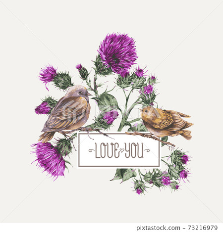 Vector watercolor bird on a branch with thistle greeting card. 73216979