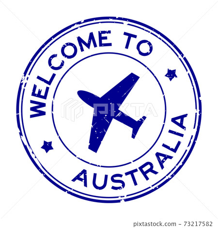 Grunge blue welcome to Australia word with airplane icon round rubber seal stamp on white background 73217582