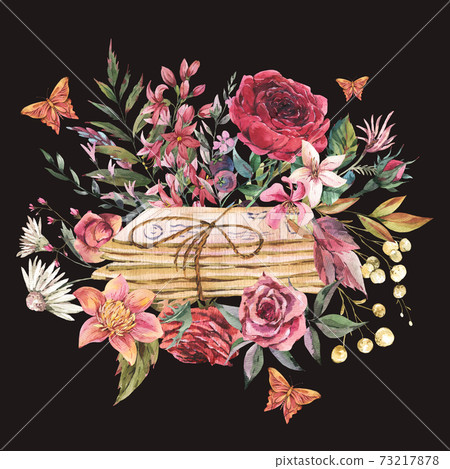 Vintage old letters with flowers. Natural greeting card. Dark academia floral illustration Vintage old letters with flowers. Natural greeting card. Dark academia floral illustration 73217878