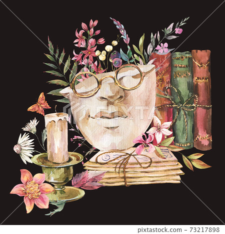 Greek sculpture with dry flowers greeting card. Dark academia floral vintage illustration Greek sculpture with dry flowers greeting card. Dark academia floral vintage illustration 73217898