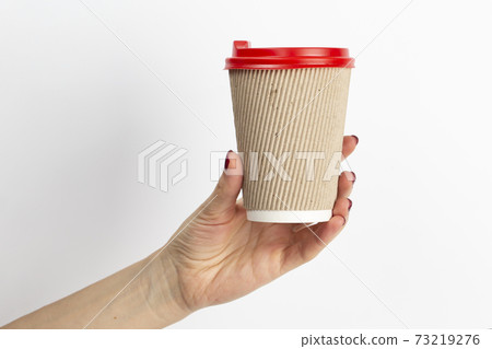 Female hand holding disposable coffee cup brown colour on white background. 73219276