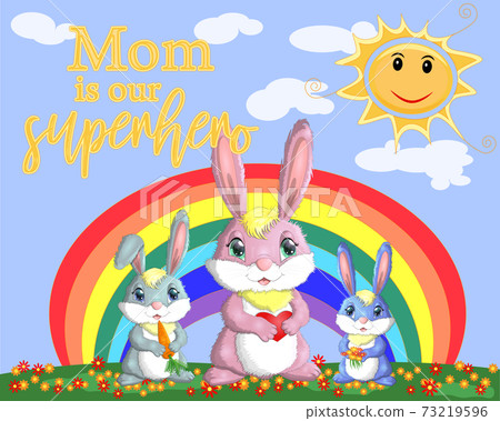 Mother s Day greeting card. Rabbit holding heart. Mom you are the best. I love you mom Mother s Day greeting card. Rabbit holding heart. Mom you are the best. I love you mom 73219596