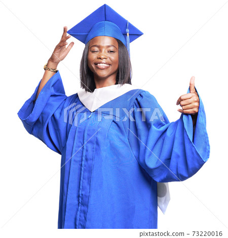 Black woman in a blue robe on a white background smiles,winks and shows thumb up Black woman in a blue robe on a white background smiles,winks and shows thumb up 73220016