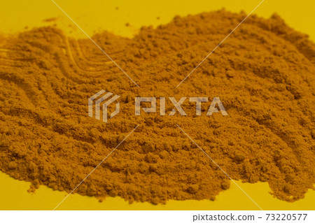 Close-up of ground turmeric powder on a yellow background. Copy Space Close-up of ground turmeric powder on a yellow background. Copy Space 73220577
