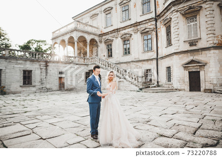 Beautiful bride and groom embracing and kissing on their wedding day outdoors Beautiful bride and groom embracing and kissing on their wedding day outdoors 73220788