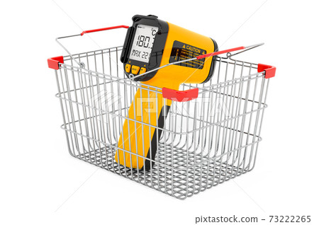 Infrared thermometer inside shopping basket, 3D rendering Infrared thermometer inside shopping basket, 3D rendering 73222265