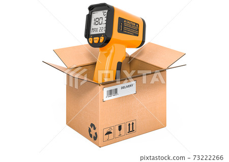 Infrared thermometer inside cardboard box, delivery concept. 3D rendering 73222266