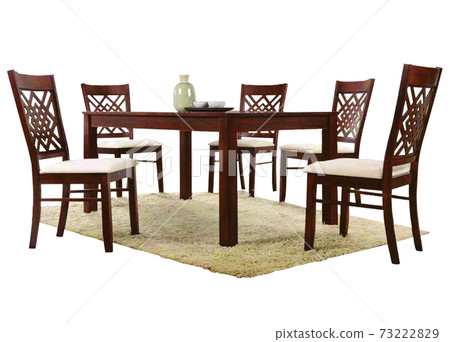 Dining Table and chairs isolated on white background. Luxury and modern dining table sets in different style and sizes. Stone table top, tempered glass, wooden table top and comfortable dining chairs. 73222829