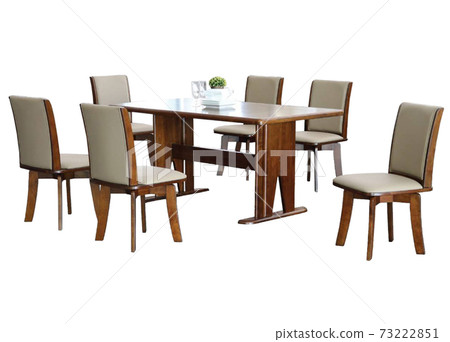 Dining Table and chairs isolated on white background. Luxury and modern dining table sets in different style and sizes. Stone table top, tempered glass, wooden table top and comfortable dining chairs. 73222851