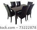 Dining Table and chairs isolated on white background. Luxury and modern dining table sets in different style and sizes. Stone table top, tempered glass, wooden table top and comfortable dining chairs. 73222878